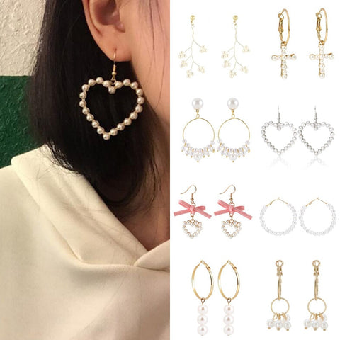 Earrings For Women Pearl Heart Cross Tassel Gold Silver Girls Fashion Gift Glamour Sexy Bow Drop Dangle Earrings Vintage